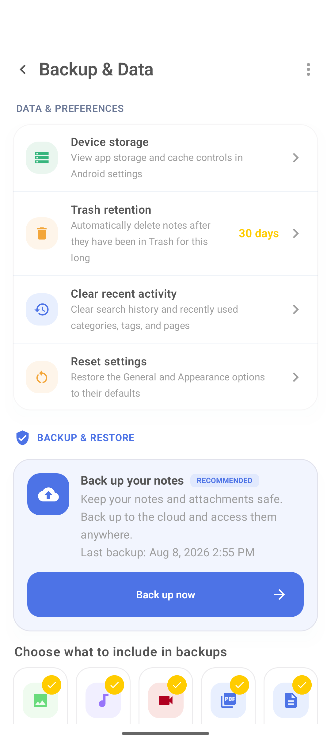 Backup and Data com Back up now e tipos de mídia