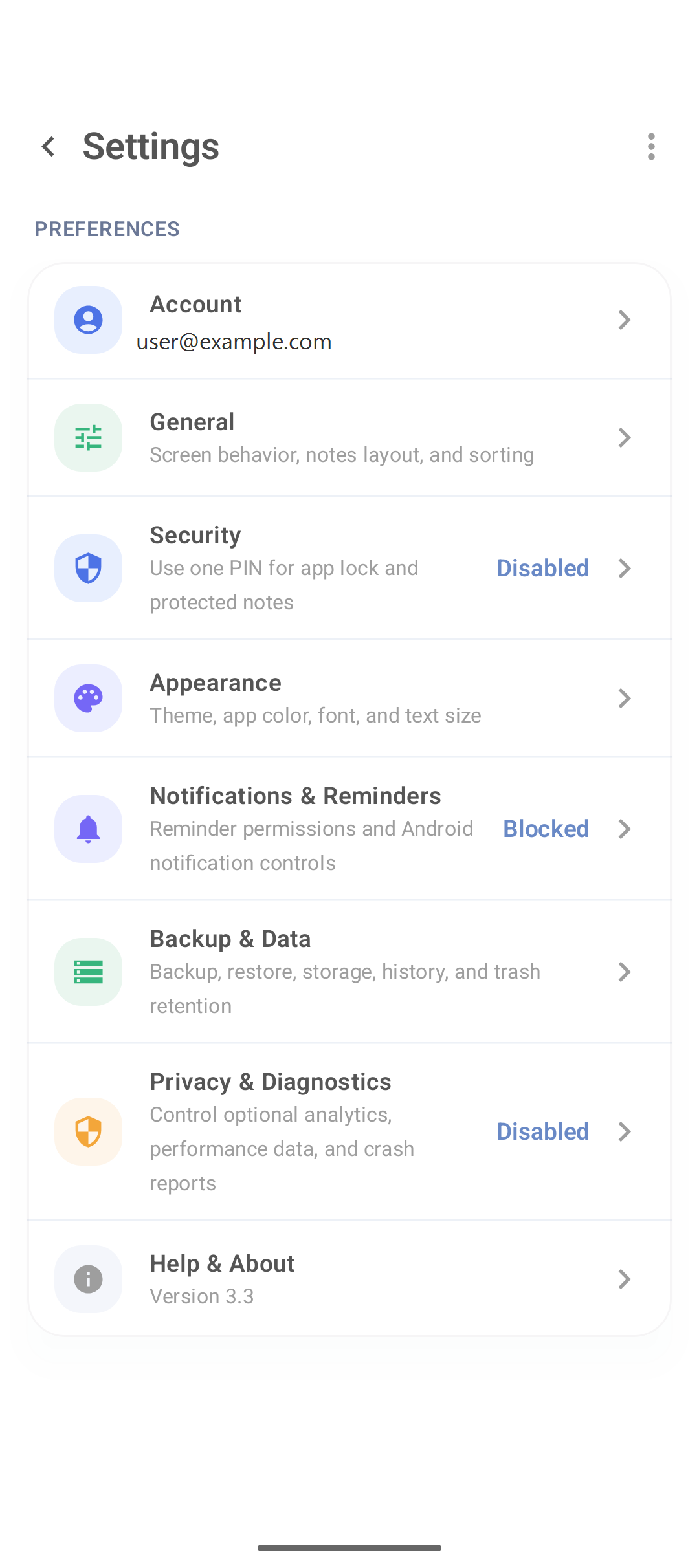 Tela Settings do DicaNote com Account, General, Security e demais seções