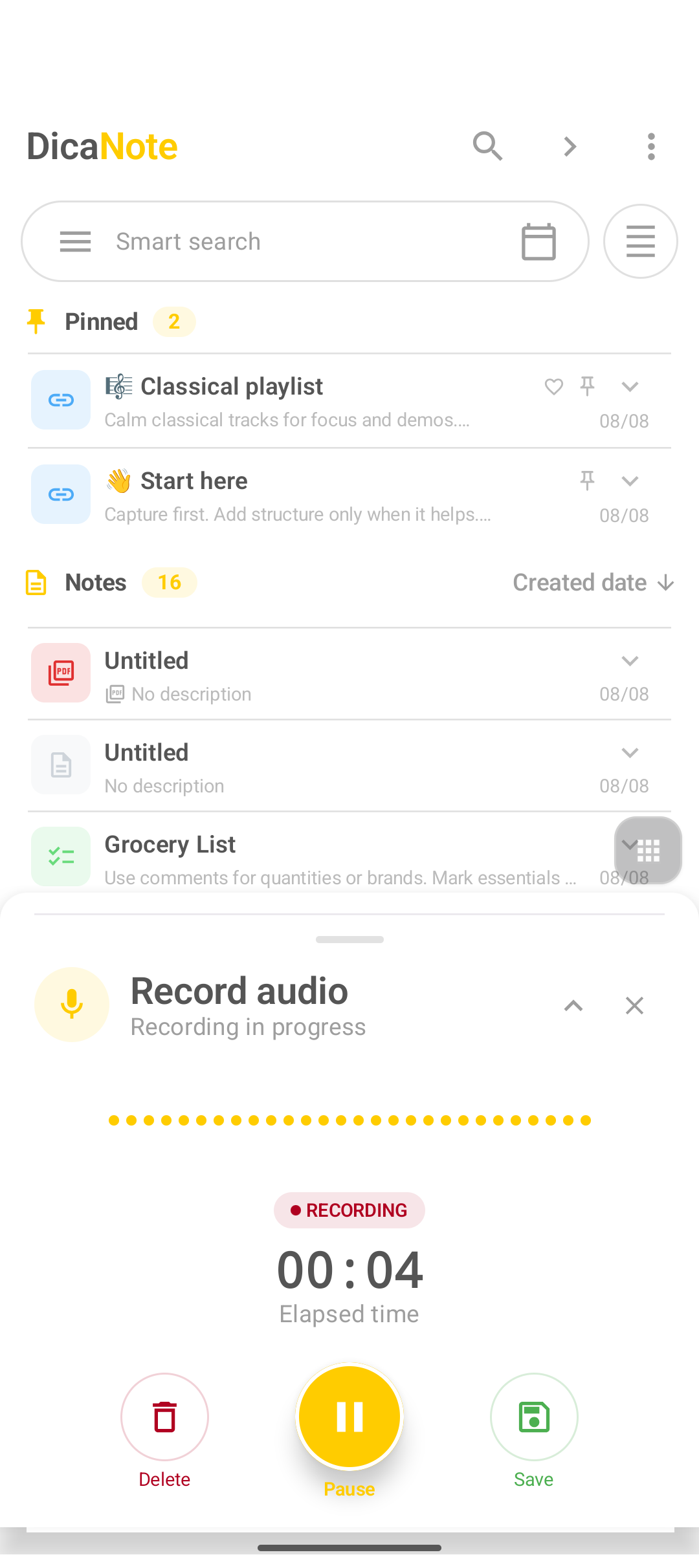Gravador do DicaNote com status RECORDING