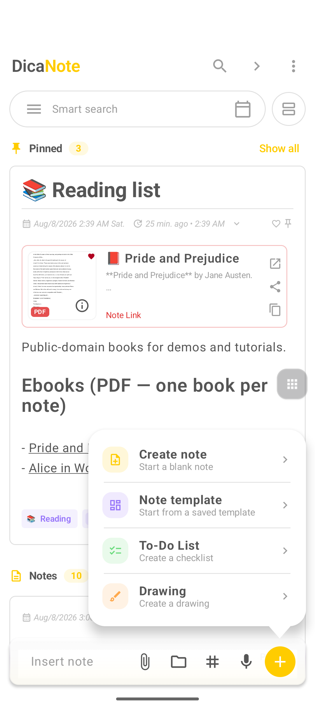 Menu de criação do DicaNote com Create note, Note template, To-Do List e Drawing