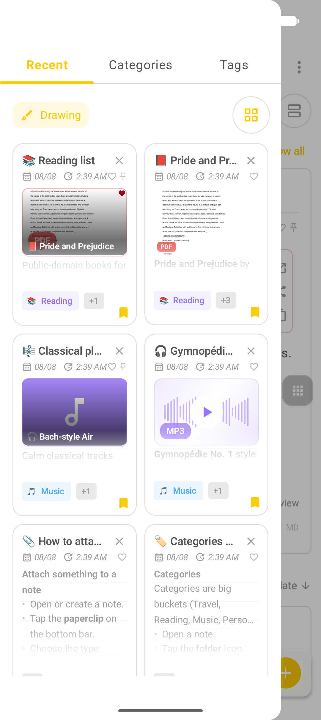 Painel lateral do DicaNote com Recent, Categories e Tags