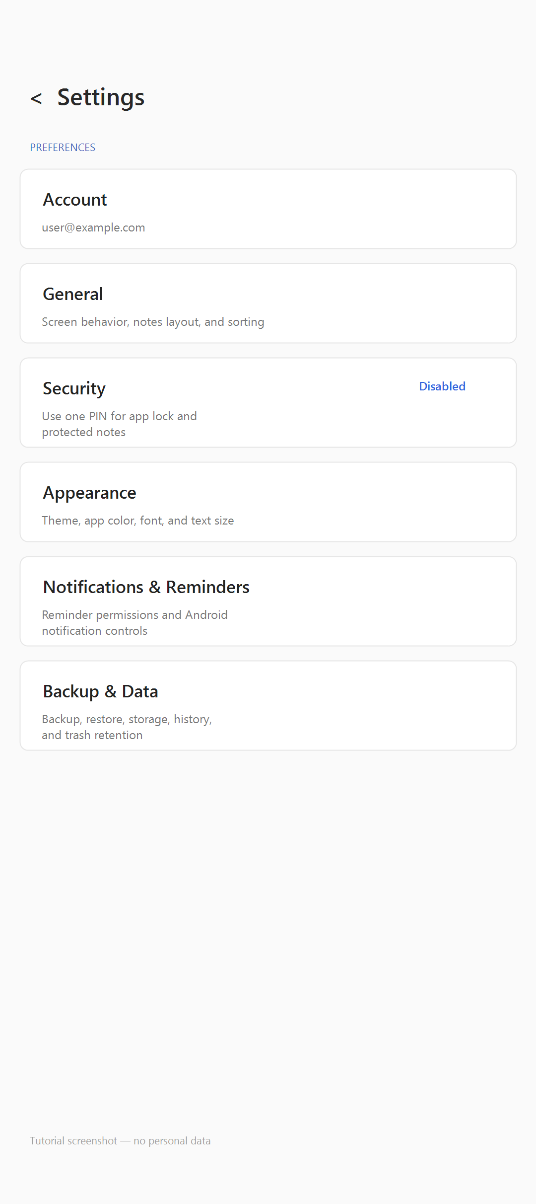 Settings do DicaNote com Account genérico e linha Security Disabled