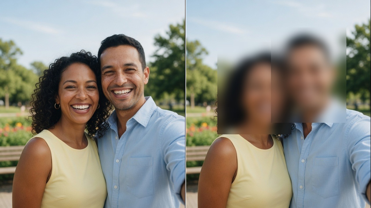 Antes e depois: casal com rostos nítidos e o mesmo recorte com rostos desfocados